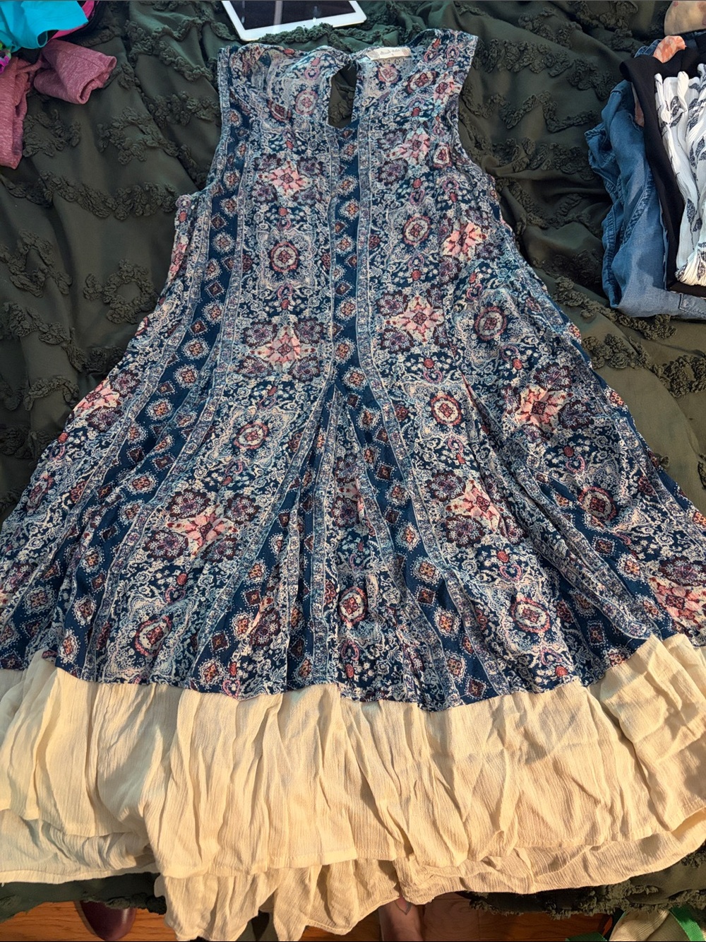 Blue Printed Boho Dress with Cream Ruffle Hem